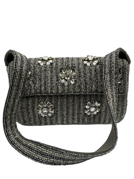 By Anthropologie Silver & Gray Beaded Jewel Shoulder Bag Flap Bag Silver & Gray / Small