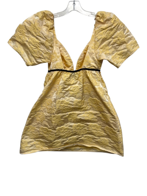 Ganni Size XS / 34 Yellow & Black Polyester Floral Jacquard V Neck Dress Yellow & Black / XS / 34