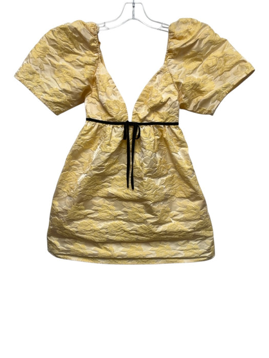 Ganni Size XS / 34 Yellow & Black Polyester Floral Jacquard V Neck Dress Yellow & Black / XS / 34