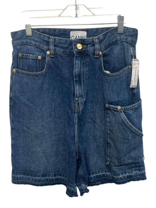 Ganni Size 26 Medium Wash Tencel Cargo Pocket Raw Hem High Waist Shorts Medium Wash / 26