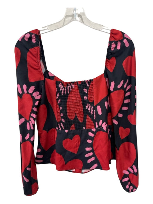Farm Rio Size Small Red, Pink, Black Lyocell Long Balloon Sleeve Heart Print Top Red, Pink, Black / Small