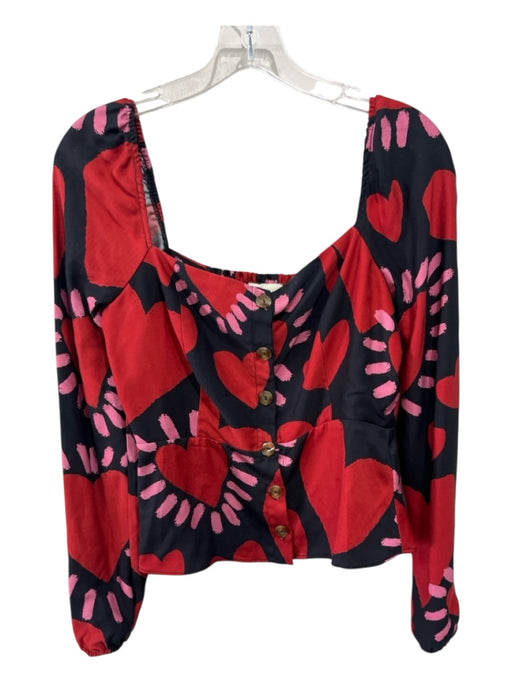 Farm Rio Size Small Red, Pink, Black Lyocell Long Balloon Sleeve Heart Print Top Red, Pink, Black / Small