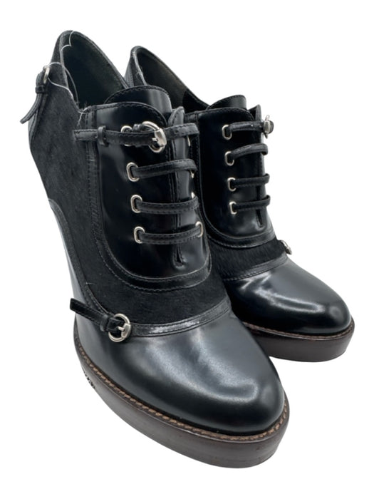 Gucci Shoe Size 10 Black Leather Ponyhair lace up Platform Ankle Booties Black / 10