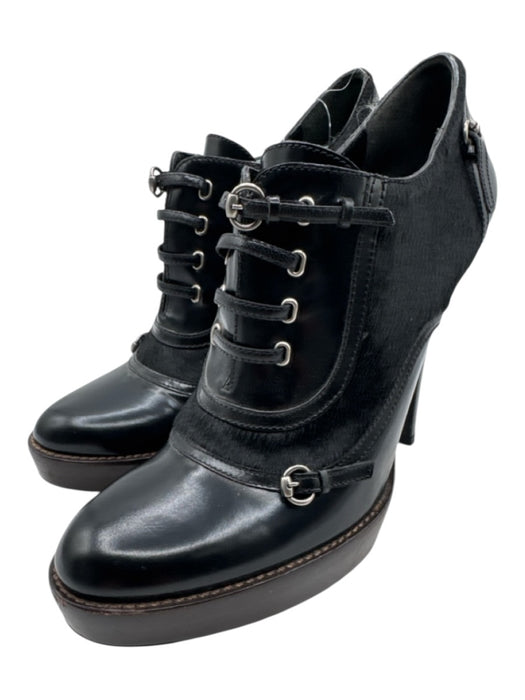 Gucci Shoe Size 10 Black Leather Ponyhair lace up Platform Ankle Booties Black / 10
