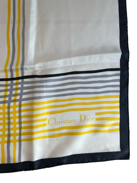 Christian Dior Cream, Black & Yellow Silk Square Abstract Floral Border scarf Cream, Black & Yellow / Large
