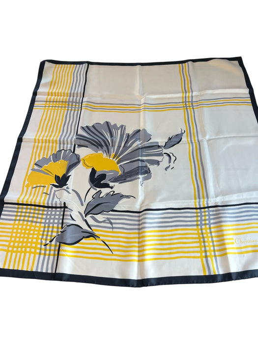 Christian Dior Cream, Black & Yellow Silk Square Abstract Floral Border scarf Cream, Black & Yellow / Large