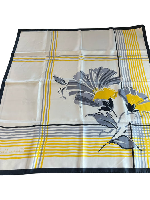 Christian Dior Cream, Black & Yellow Silk Square Abstract Floral Border scarf Cream, Black & Yellow / Large