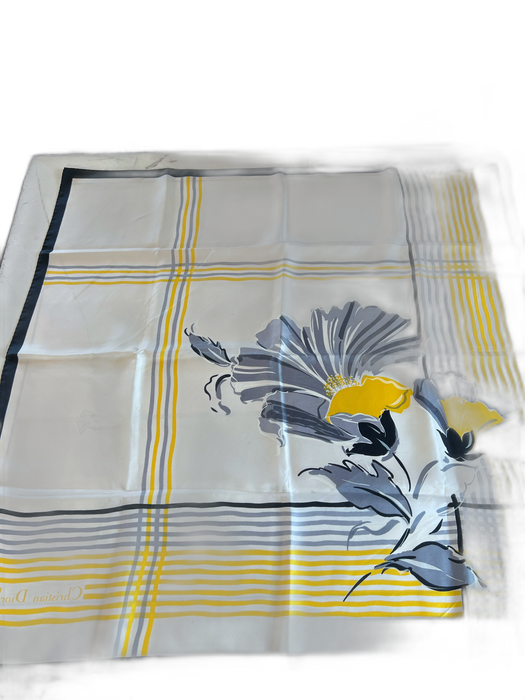 Christian Dior Cream, Black & Yellow Silk Square Abstract Floral Border scarf Cream, Black & Yellow / Large