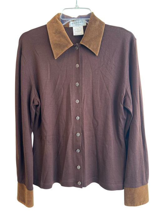 Jaeger Size L Brown Wool Long Sleeve Suede Detail Collar Button Down Top Brown / L