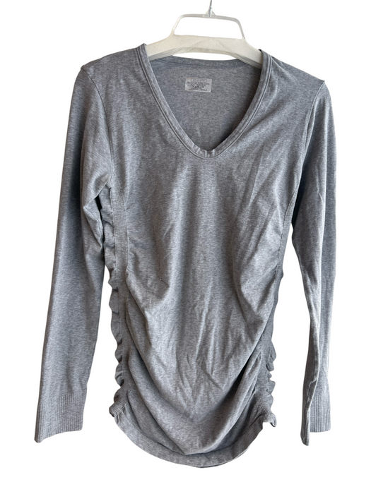 Athleta Size L Gray Cotton Blend Long Sleeve solid color Sinch Detail V Neck Top Gray / L