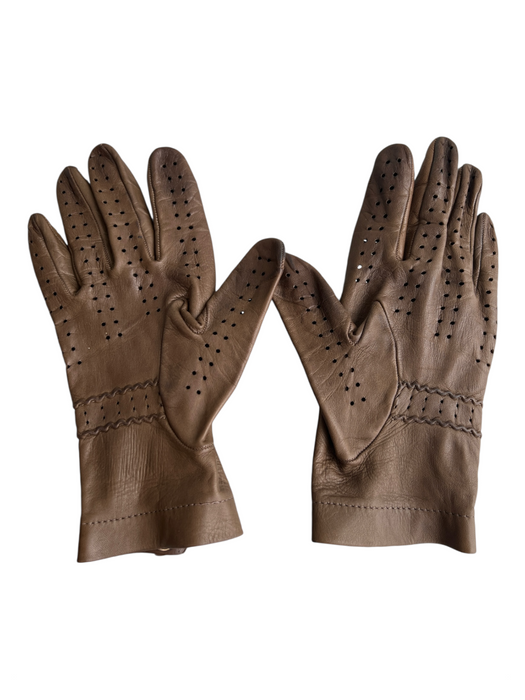No Brand Brown 5 Finger Hole Details Button Snap Close Gloves Brown
