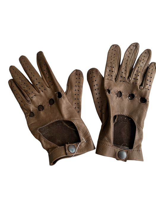 No Brand Brown 5 Finger Hole Details Button Snap Close Gloves Brown