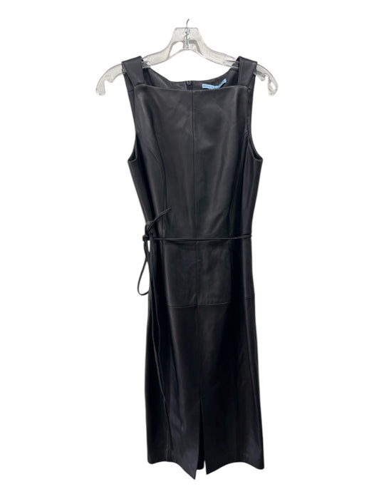 Antonio Melani Size 4 Black Leather Paneled Sash Square Neck Sleeveless Dress Black / 4