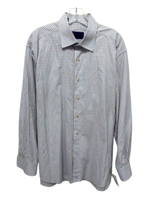 David Donahue Size 17 Light Blue & Orange Print Cotton Plaid Long Sleeve Shirt Light Blue & Orange Print / 17