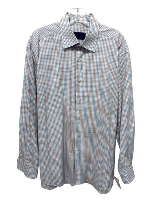 David Donahue Size 17 Light Blue & Orange Print Cotton Plaid Long Sleeve Shirt Light Blue & Orange Print / 17