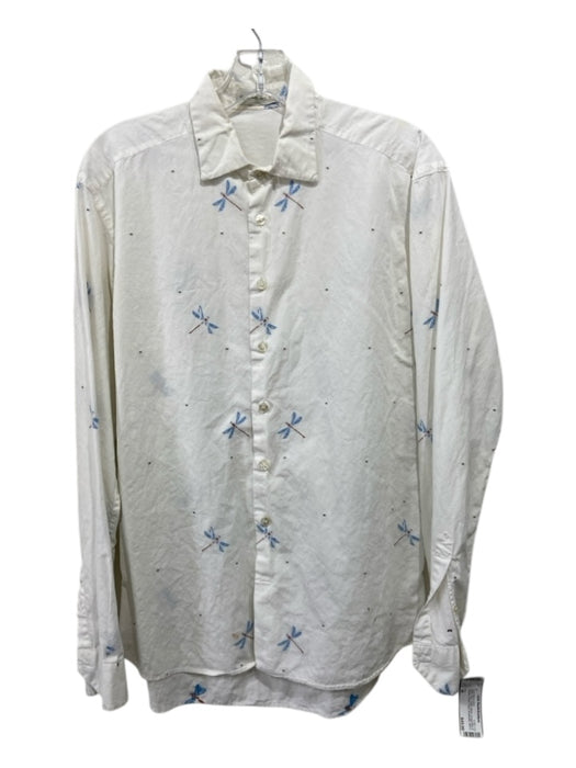 Etro Size 40 White & Blue Cotton Blend Dragonflies & Lillypads Long Sleeve Shirt 40