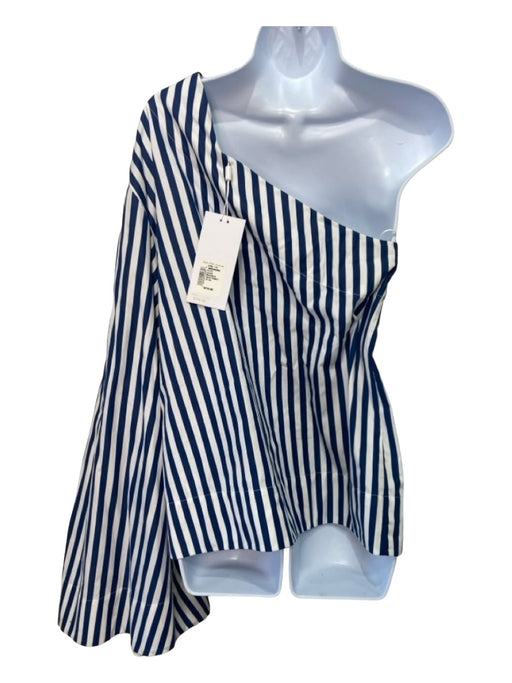 Solace London Size 6 White & Blue Cotton Striped One Shoulder Flare Hem Top White & Blue / 6