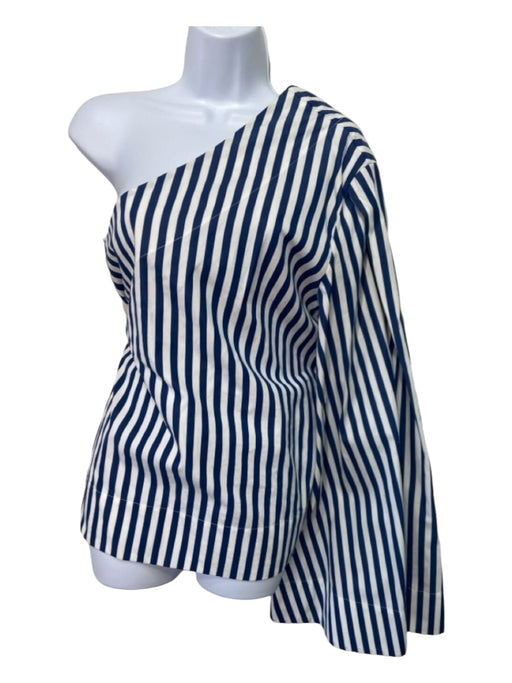 Solace London Size 6 White & Blue Cotton Striped One Shoulder Flare Hem Top White & Blue / 6