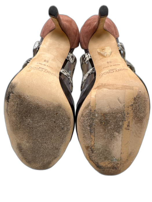 Jimmy Choo Shoe Size 39 Beige, Brown, Silver Leather & Suede Embossed Sandals Beige, Brown, Silver / 39