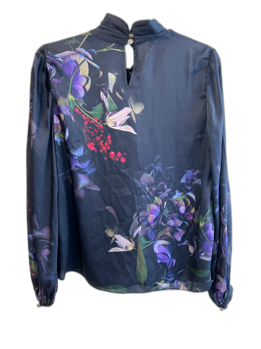 Ted Baker Size 1 Black & Multi Polyester Key Hole Back Floral Pussy Bow Top Black & Multi / 1