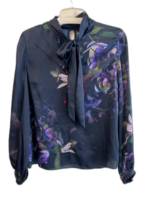 Ted Baker Size 1 Black & Multi Polyester Key Hole Back Floral Pussy Bow Top Black & Multi / 1