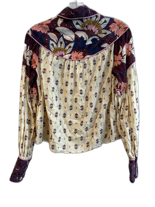 Farm Rio Size XS Beige & Multi 100% Cotton Long Sleeve Floral Collared Top Beige & Multi / XS