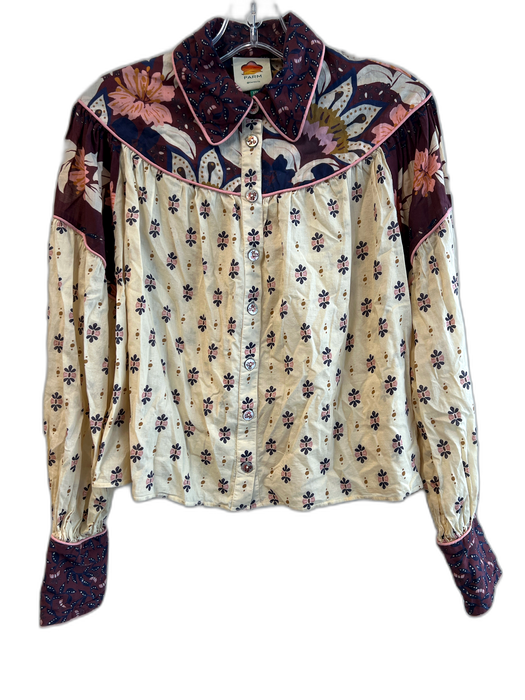 Farm Rio Size XS Beige & Multi 100% Cotton Long Sleeve Floral Collared Top Beige & Multi / XS