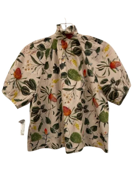 Olivia James Size XS Beige, Green, Orange Cotton Botanical Ruffle Neckline Top Beige, Green, Orange / XS
