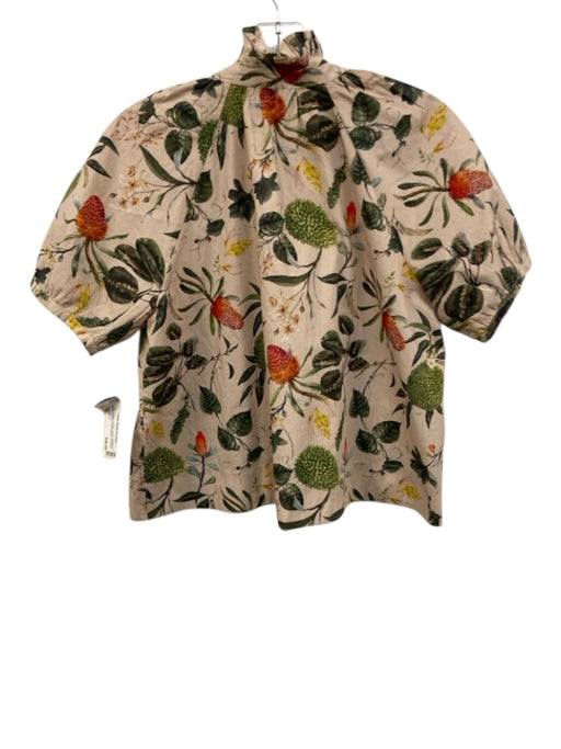 Olivia James Size XS Beige, Green, Orange Cotton Botanical Ruffle Neckline Top Beige, Green, Orange / XS