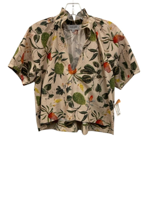 Olivia James Size XS Beige, Green, Orange Cotton Botanical Ruffle Neckline Top Beige, Green, Orange / XS