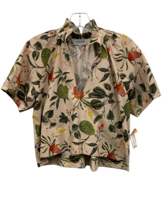 Olivia James Size XS Beige, Green, Orange Cotton Botanical Ruffle Neckline Top Beige, Green, Orange / XS
