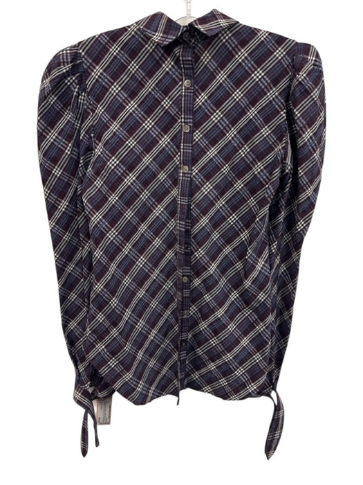 Veronica Beard Size 0 Purple, Blue, White Cotton Blend Puff Shoulder Plaid Top Purple, Blue, White / 0