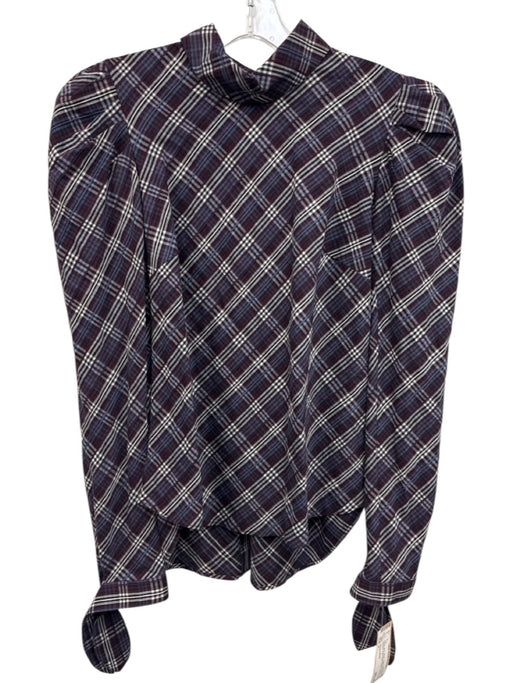 Veronica Beard Size 0 Purple, Blue, White Cotton Blend Puff Shoulder Plaid Top Purple, Blue, White / 0