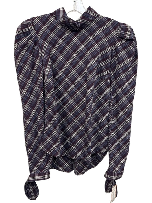 Veronica Beard Size 0 Purple, Blue, White Cotton Blend Puff Shoulder Plaid Top Purple, Blue, White / 0