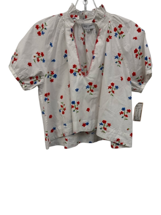 Olivia James Size S White, Red, Blue Cotton Flowers Ruffle Neckline Top White, Red, Blue / S