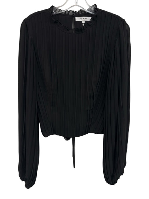 Frame Size S Black Polyester Pleated Long Balloon Sleeve Side Zip Tie Back Top Black / S