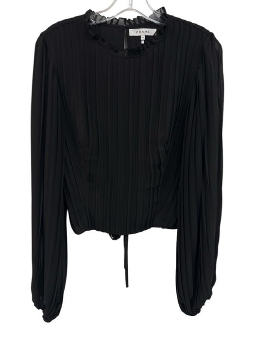 Frame Size S Black Polyester Pleated Long Balloon Sleeve Side Zip Tie Back Top Black / S