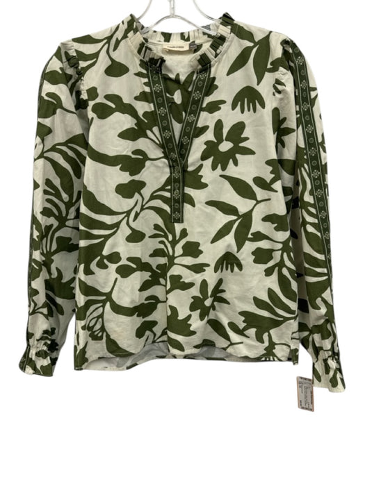 Maude Vivante Size XS Cream & Green Cotton High Neck Abstract Floral Top Cream & Green / XS