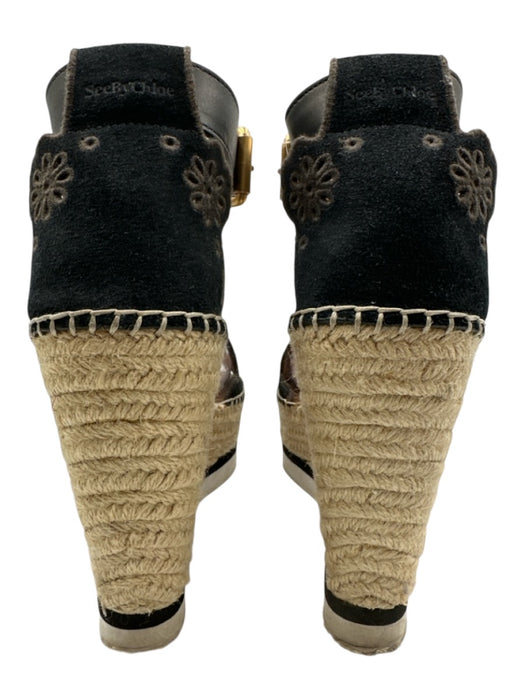 See By Chloe Shoe Size 39 Black, Beige, White Suede Upper Eyelet Floral Wedges Black, Beige, White / 39