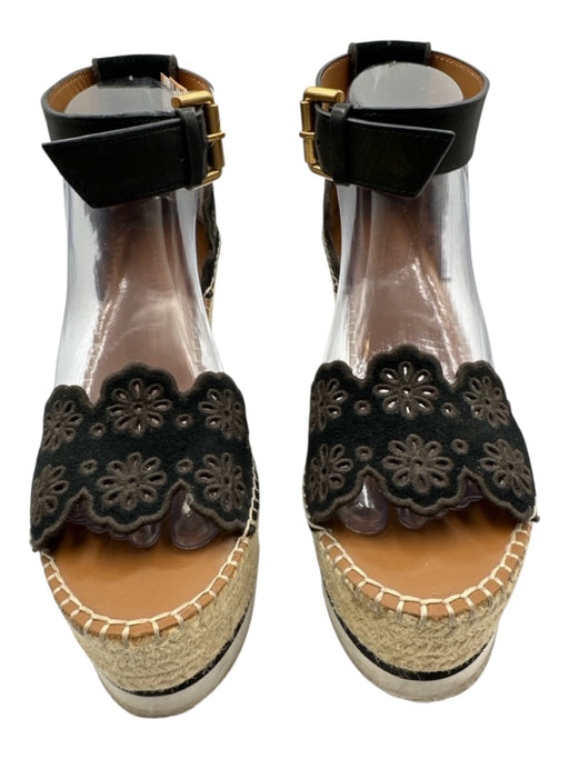 See By Chloe Shoe Size 39 Black, Beige, White Suede Upper Eyelet Floral Wedges Black, Beige, White / 39