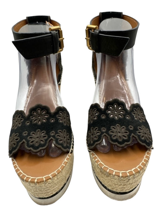 See By Chloe Shoe Size 39 Black, Beige, White Suede Upper Eyelet Floral Wedges Black, Beige, White / 39