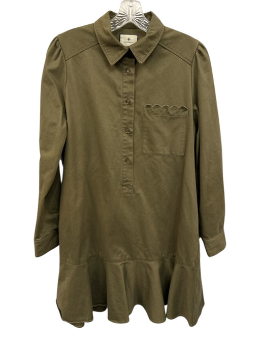 Tuckernuck Size Medium Olive Green Long Sleeve Half Button Scalloped Dress Olive Green / Medium
