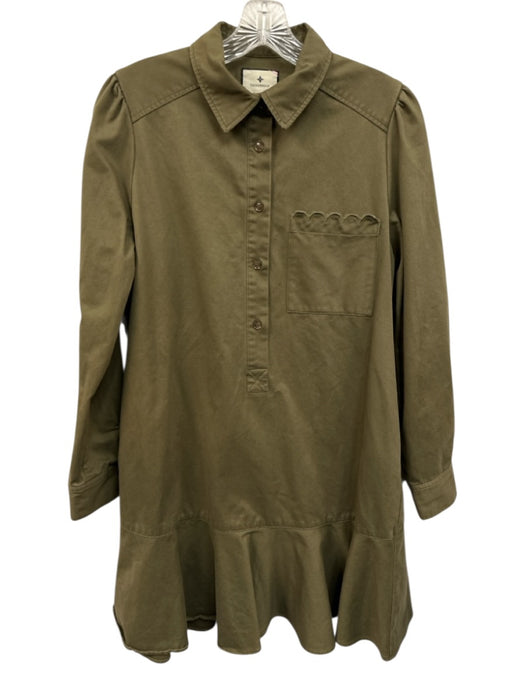 Tuckernuck Size Medium Olive Green Long Sleeve Half Button Scalloped Dress Olive Green / Medium
