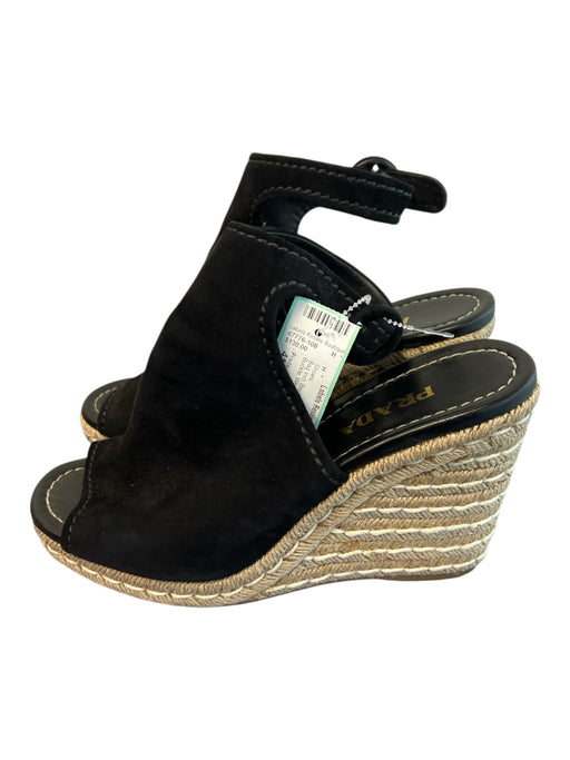 Prada Shoe Size 41 Black Suede Peep Toe Ankle Buckle Wedge High Shoes Black / 41