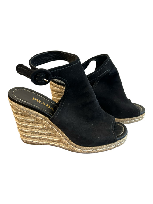 Prada Shoe Size 41 Black Suede Peep Toe Ankle Buckle Wedge High Shoes Black / 41