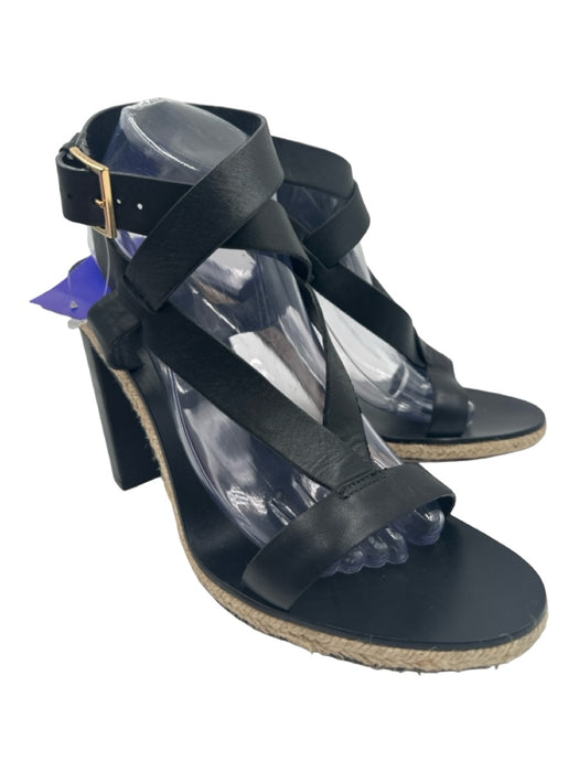Tory Burch Shoe Size 10 Black & Beige Leather & Raffia Sandal Block Heel Sandals Black & Beige / 10