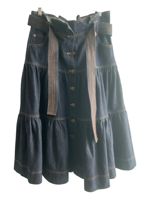 Ulla Johnson Size 8 Dark Wash Cotton Blend Denim Tiered Sash Midi Skirt Dark Wash / 8