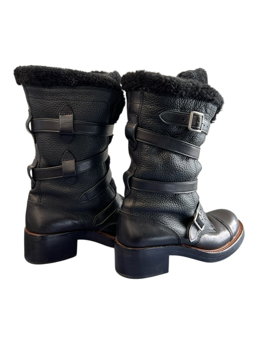 Coach Shoe Size 9 Black Pebbled Leather Faux Shearling Wrap Buckle Moto Boots Black / 9