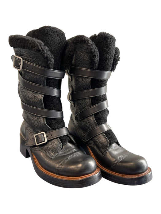 Coach Shoe Size 9 Black Pebbled Leather Faux Shearling Wrap Buckle Moto Boots Black / 9