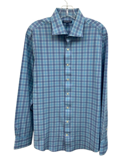 Peter Millar Size L Blue & Multi Polyester Plaid Button Down Long Sleeve Shirt Blue & Multi / L